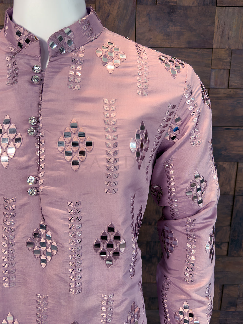 Mauve Art Silk Kurta with Geometric Diamond Foil Mirror Work