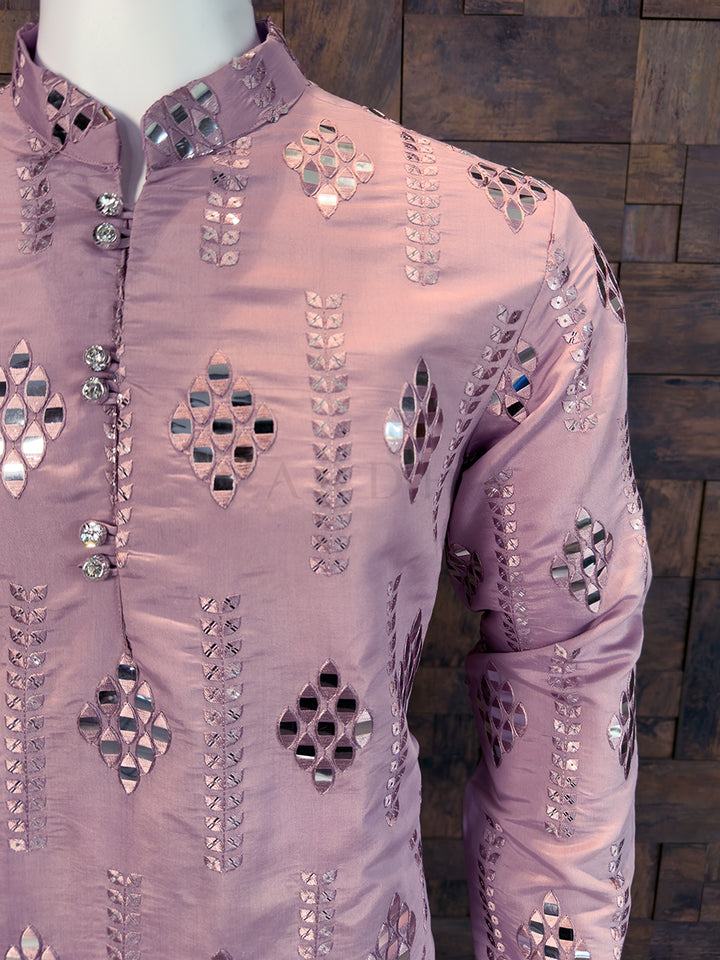 Mauve Art Silk Kurta with Geometric Diamond Foil Mirror Work