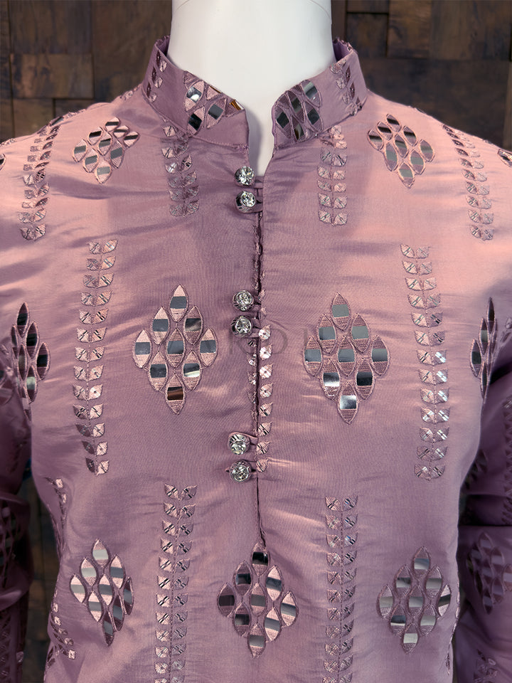 Mauve Art Silk Kurta with Geometric Diamond Foil Mirror Work