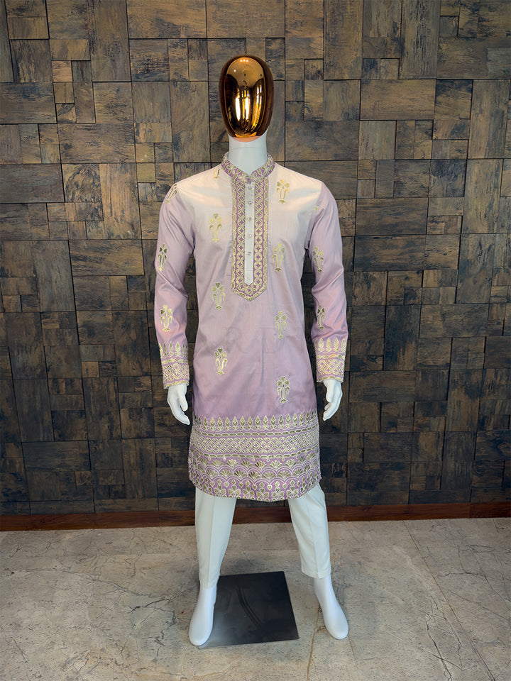 Ombre Mauve Art Silk Kurta with Gold Zari Embroidery & Heavy Borders