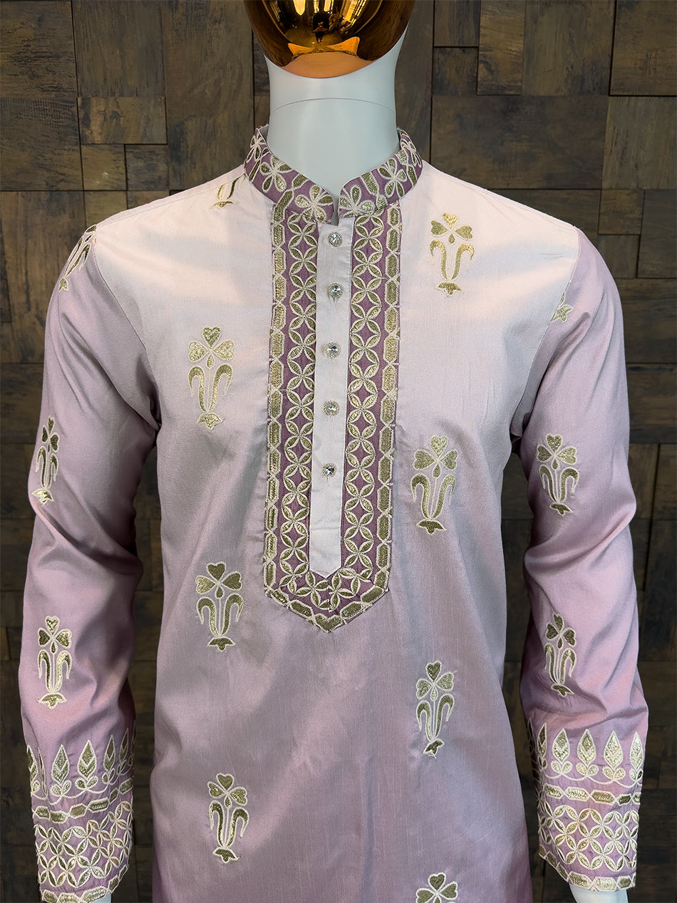 Ombre Mauve Art Silk Kurta with Gold Zari Embroidery & Heavy Borders