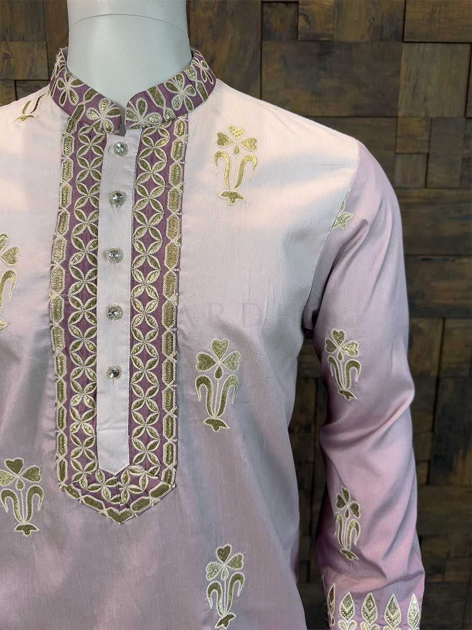Ombre Mauve Art Silk Kurta with Gold Zari Embroidery & Heavy Borders