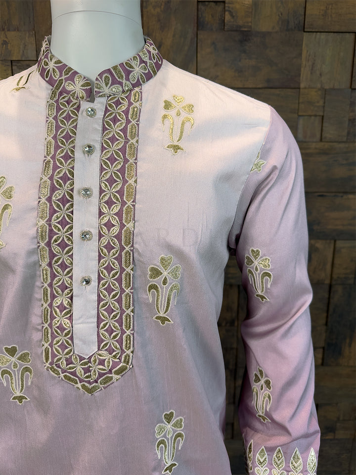 Ombre Mauve Art Silk Kurta with Gold Zari Embroidery & Heavy Borders