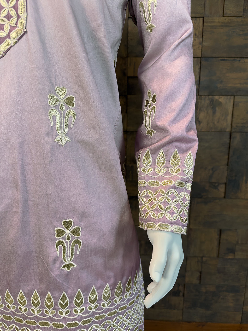 Ombre Mauve Art Silk Kurta with Gold Zari Embroidery & Heavy Borders