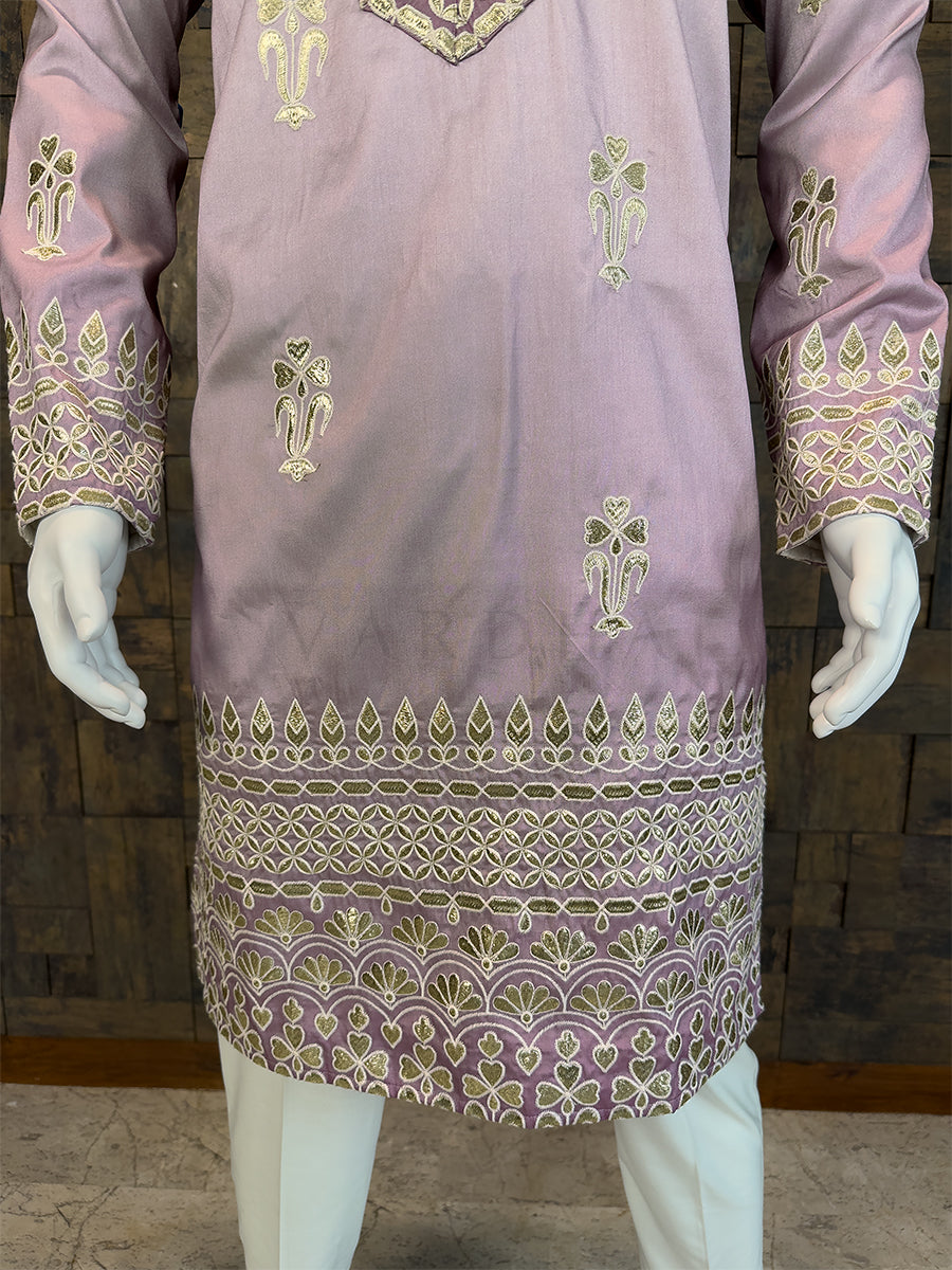 Ombre Mauve Art Silk Kurta with Gold Zari Embroidery & Heavy Borders