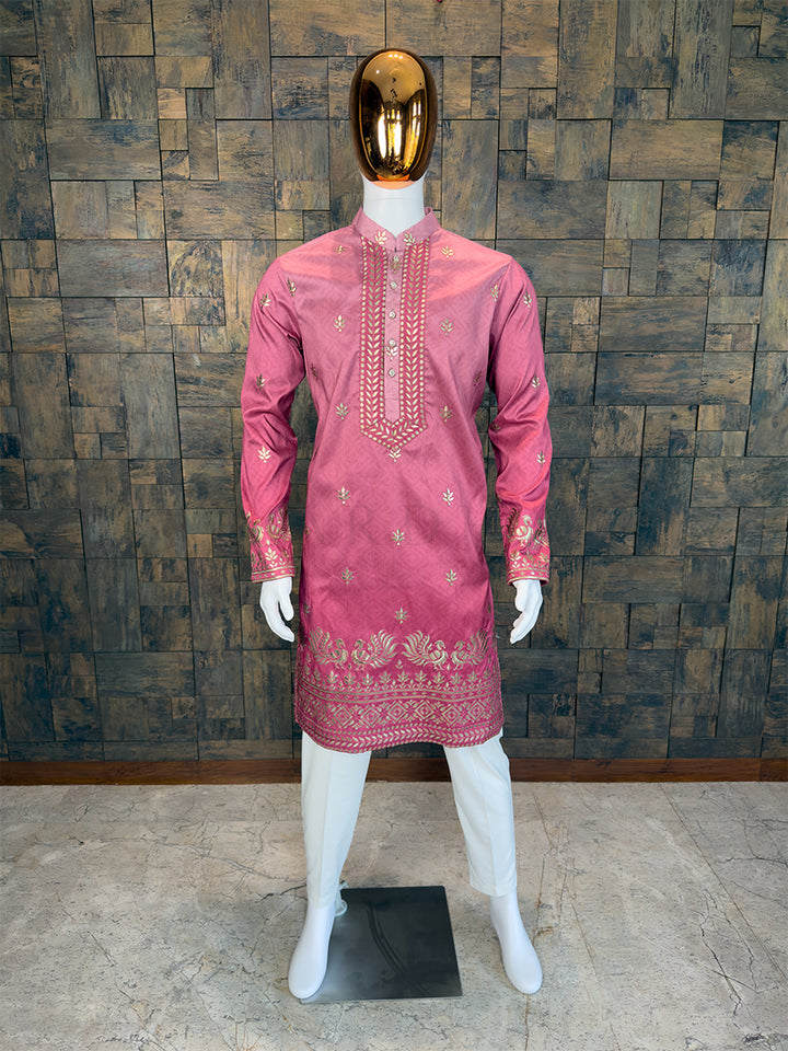 Raspberry Pink Art Silk Kurta with Gold Peacock Embroidery and Heavy Yoke