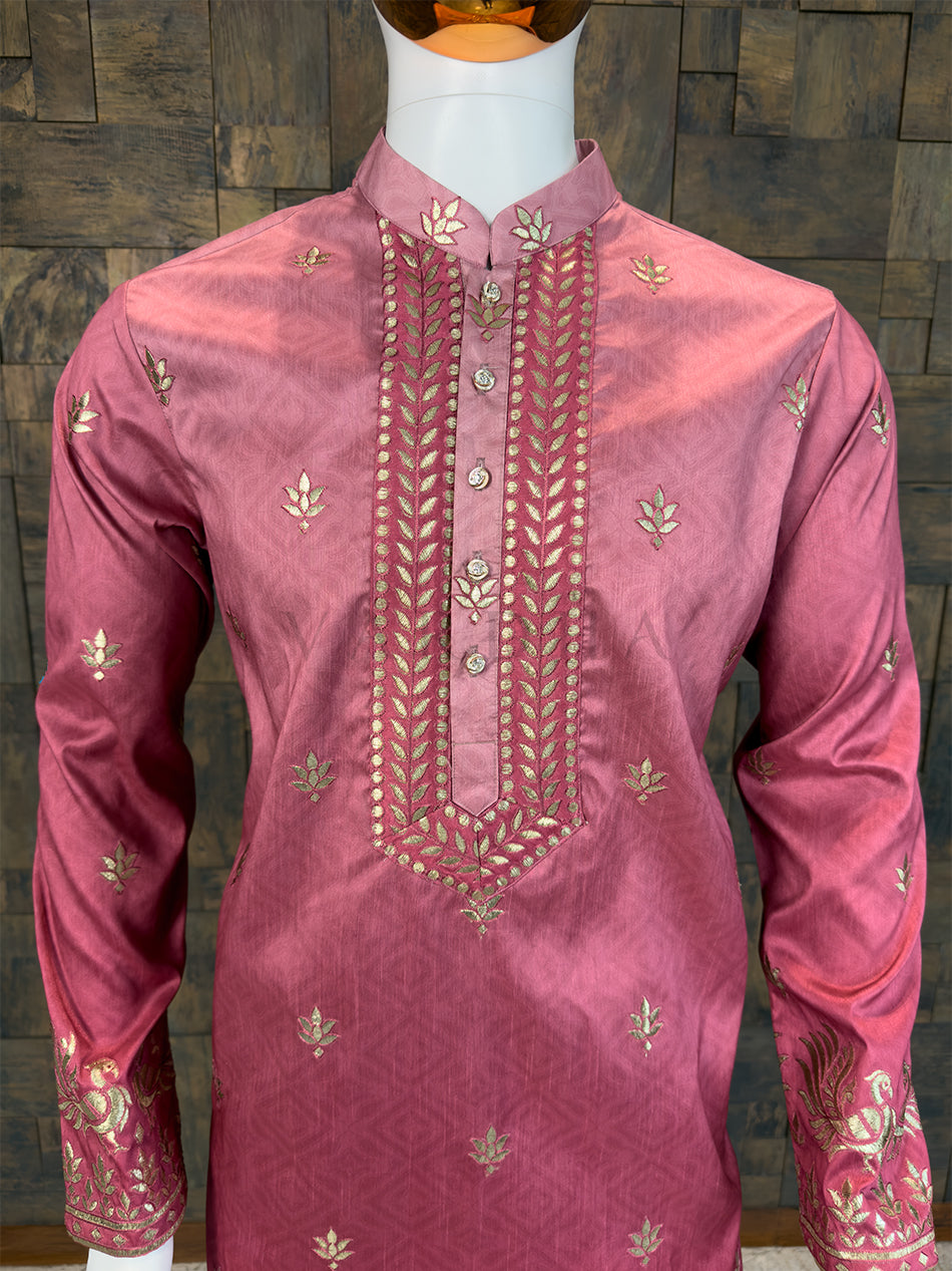 Raspberry Pink Art Silk Kurta with Gold Peacock Embroidery and Heavy Yoke