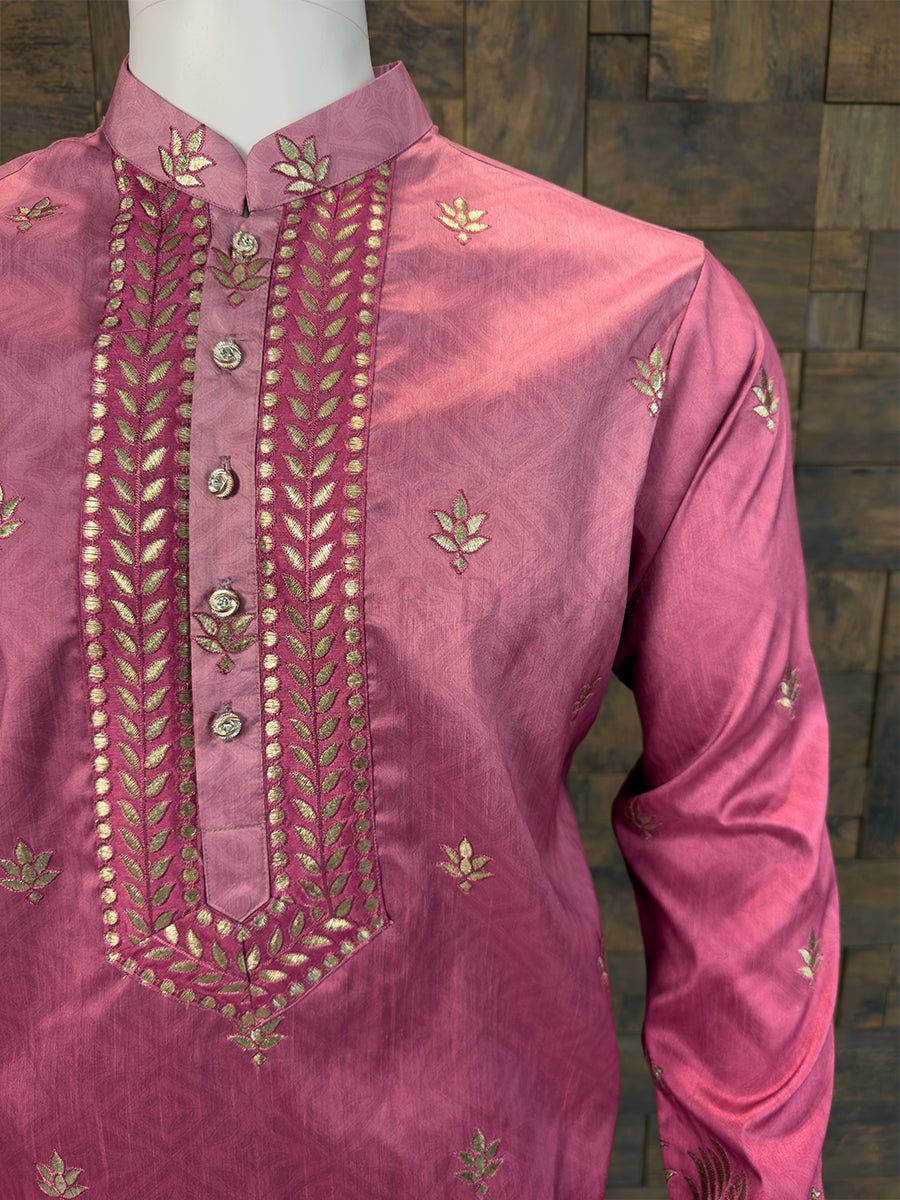 Raspberry Pink Art Silk Kurta with Gold Peacock Embroidery and Heavy Yoke