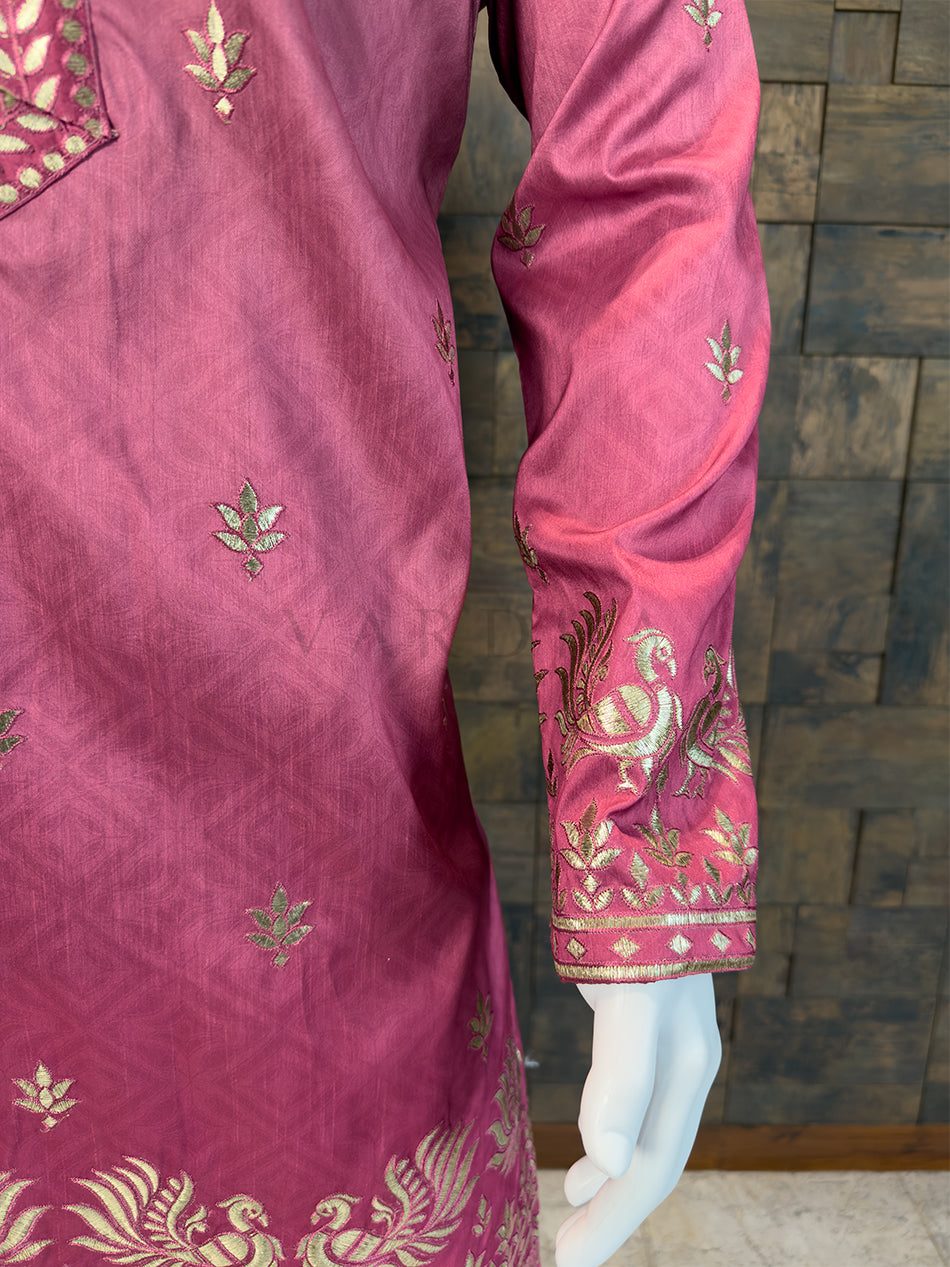 Raspberry Pink Art Silk Kurta with Gold Peacock Embroidery and Heavy Yoke