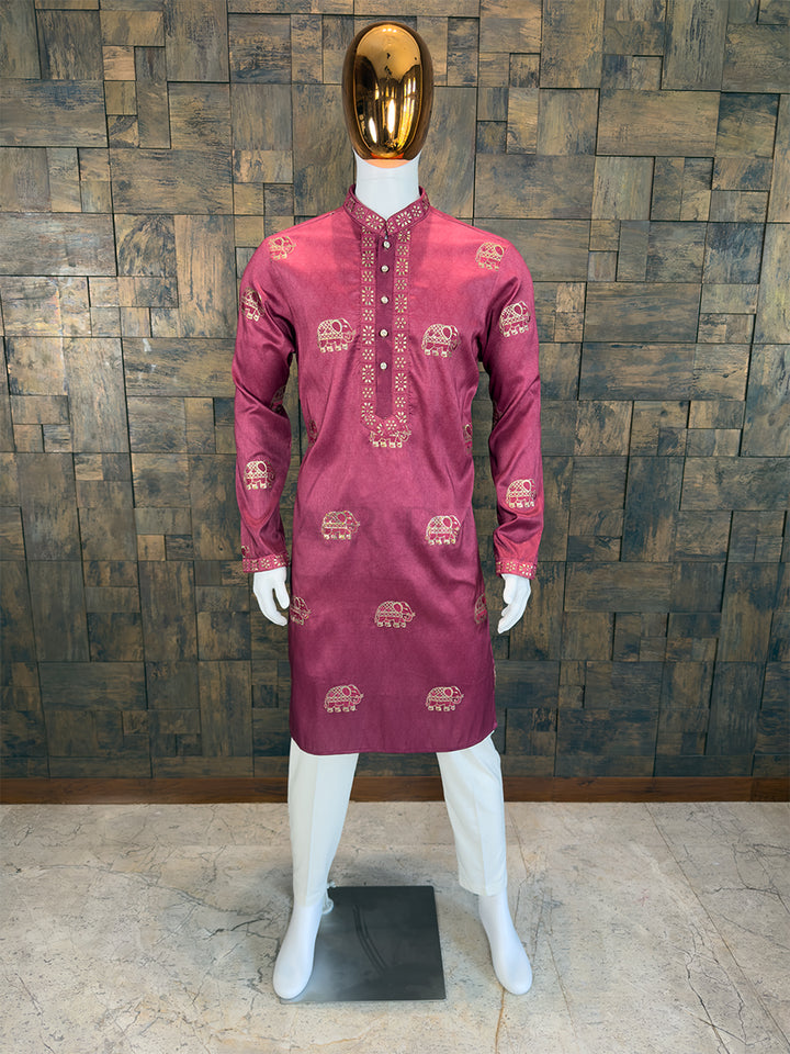 Mulberry Purple Art Silk Kurta with Gold Zari Elephant Motifs