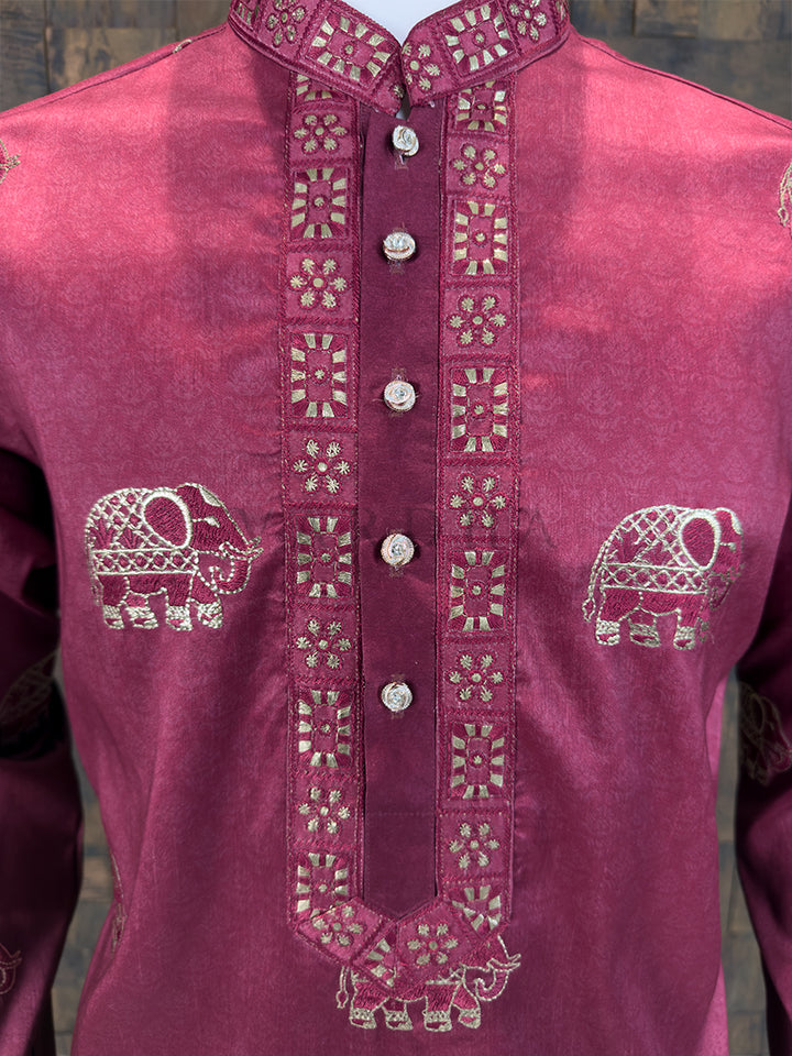 Mulberry Purple Art Silk Kurta with Gold Zari Elephant Motifs