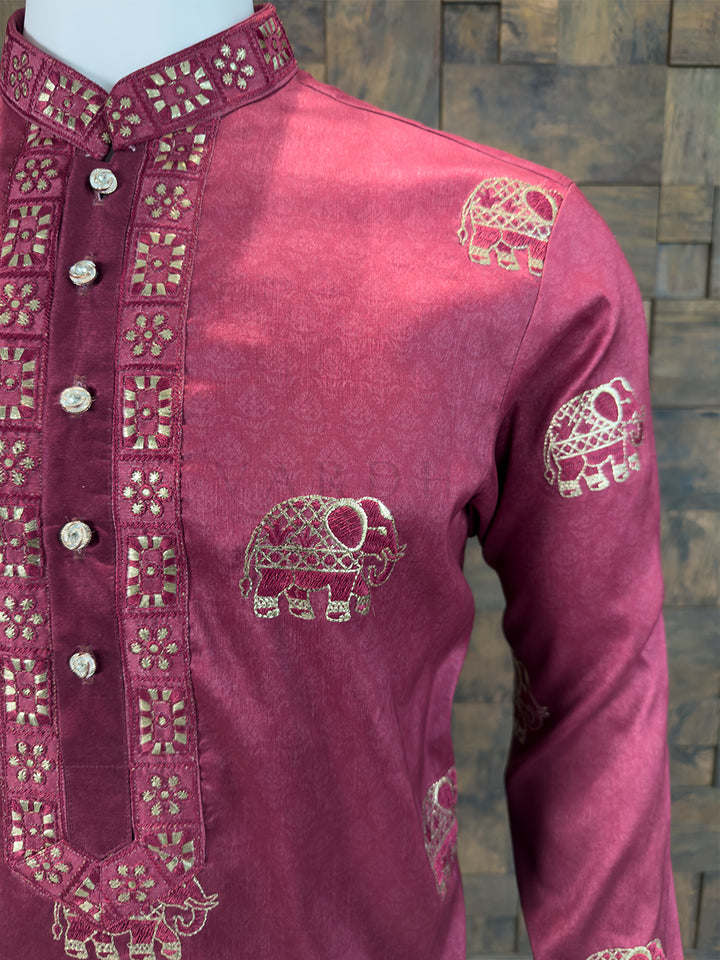 Mulberry Purple Art Silk Kurta with Gold Zari Elephant Motifs