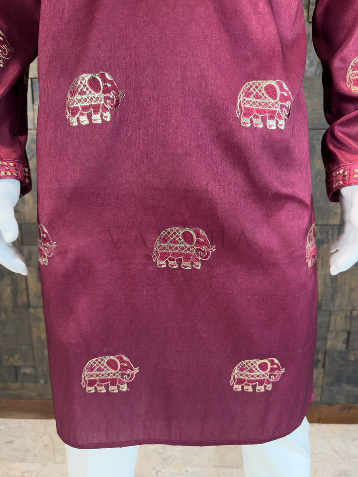 Mulberry Purple Art Silk Kurta with Gold Zari Elephant Motifs