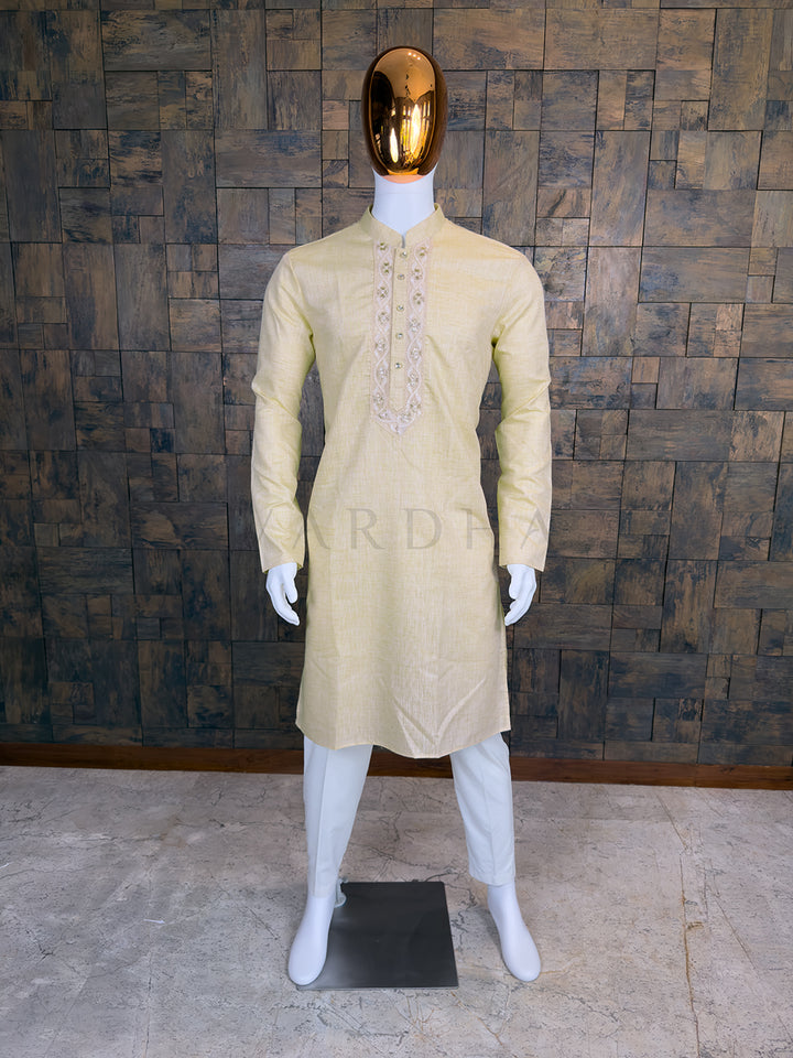 Cream Pure Cotton Kurta with Intricate Floral Embroidered Placket