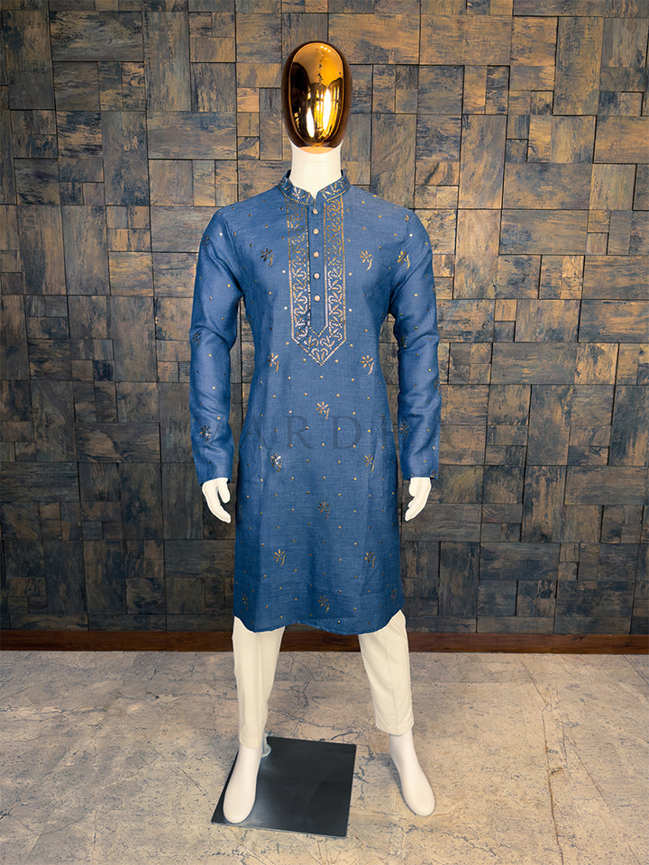Denim Blue Khadi Cotton Kurta with Gold Floral Mukaish Work