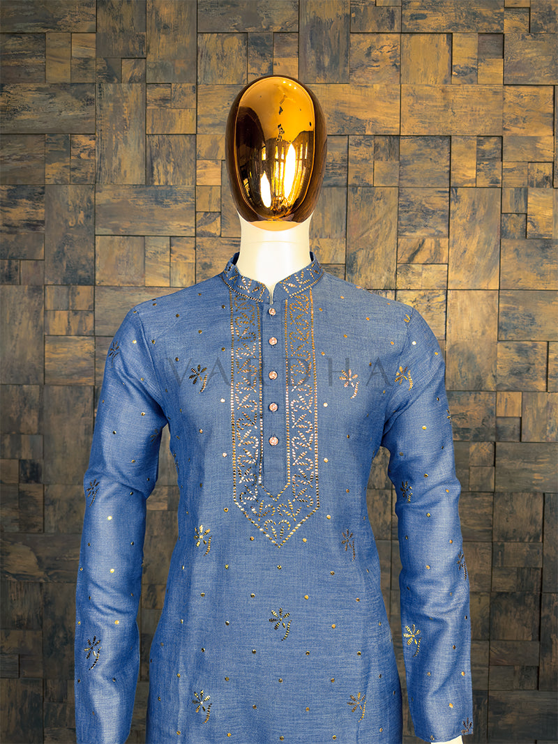 Denim Blue Khadi Cotton Kurta with Gold Floral Mukaish Work