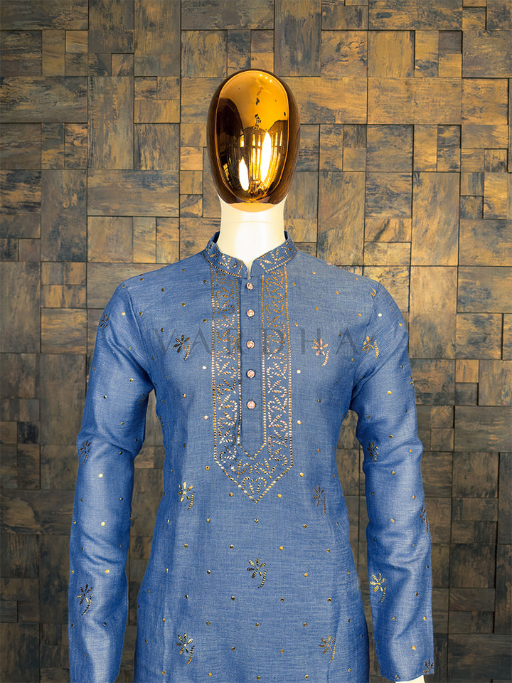 Denim Blue Khadi Cotton Kurta with Gold Floral Mukaish Work