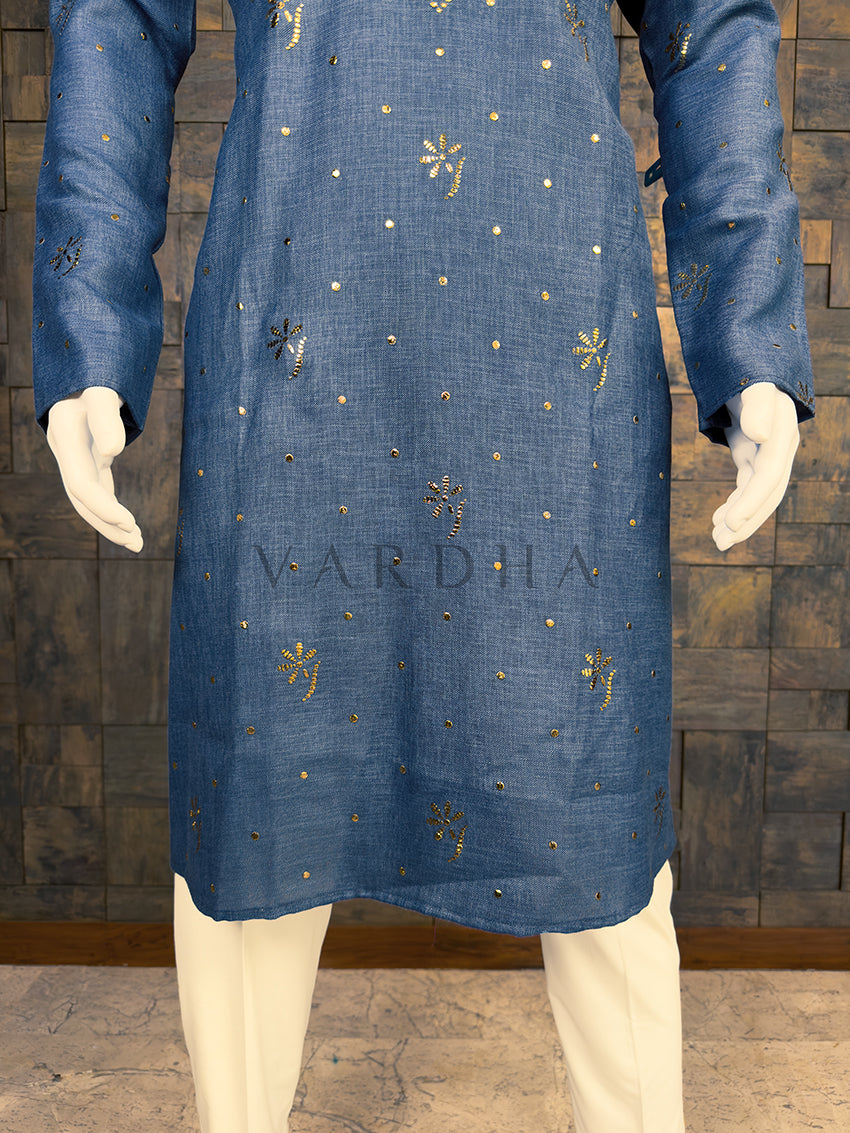 Denim Blue Khadi Cotton Kurta with Gold Floral Mukaish Work