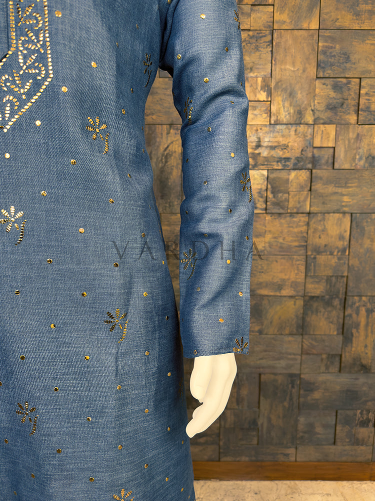 Denim Blue Khadi Cotton Kurta with Gold Floral Mukaish Work