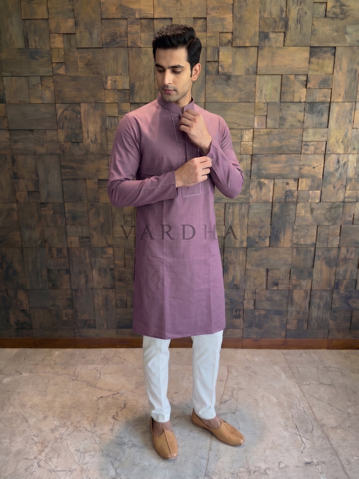 Wine Cotton Kurta with Concealed Pintuck Placket