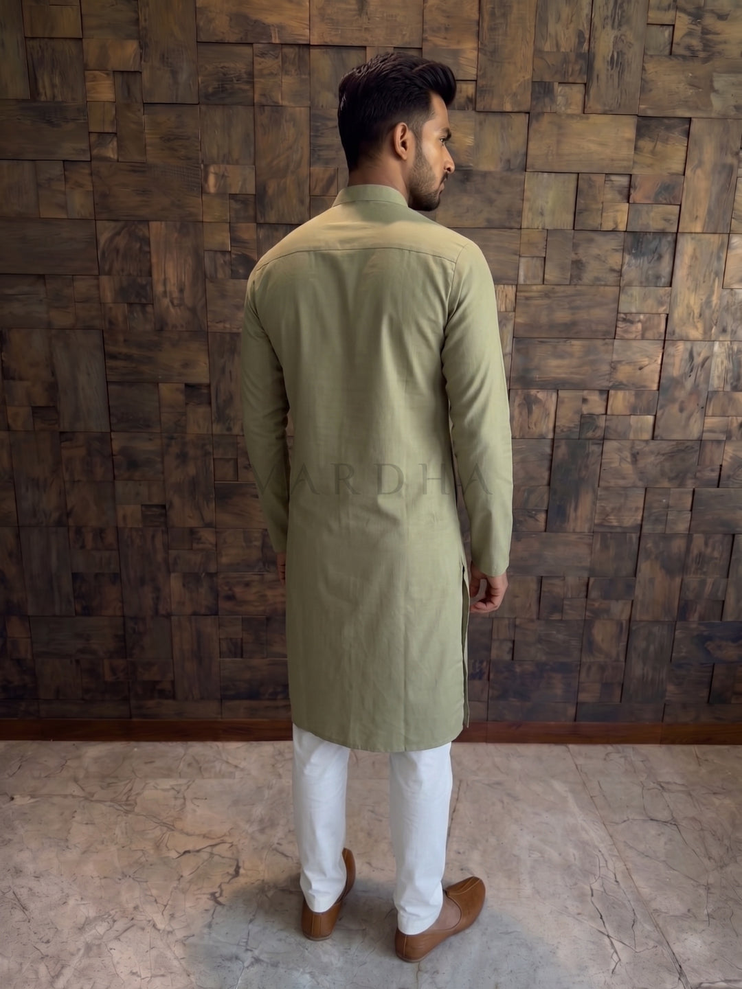 Olive Green Textured Cotton Kurta with Rustic Loop Placket