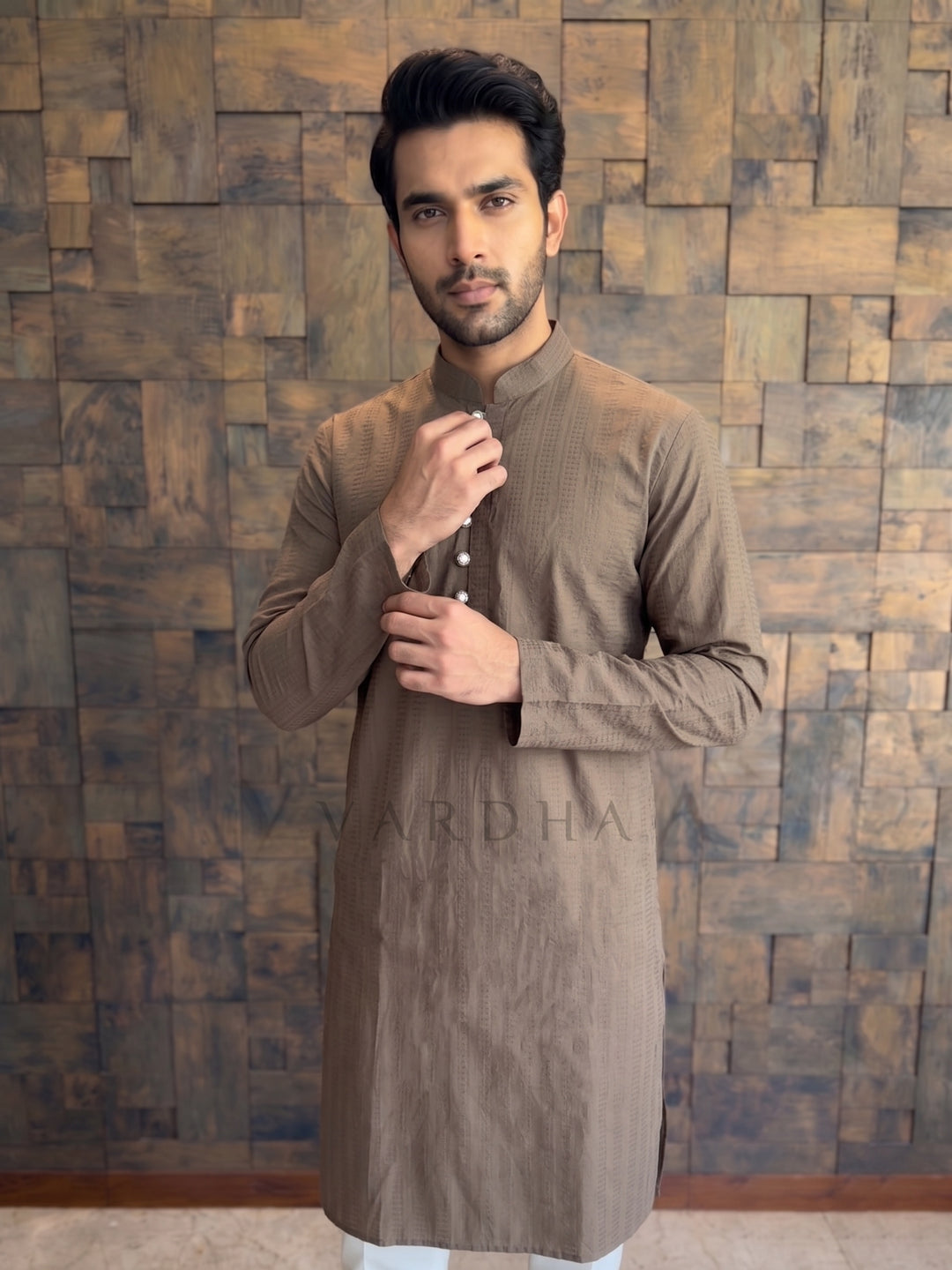 Mocha Brown Textured Cotton Kurta with Metallic Loop Placket