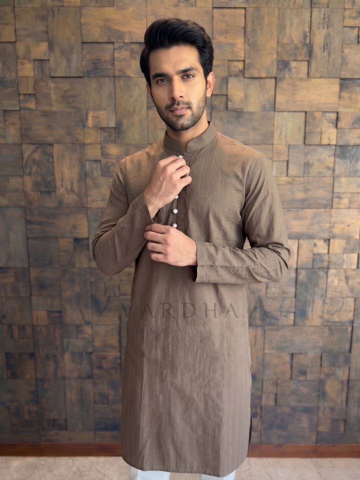 Mocha Brown Textured Cotton Kurta with Metallic Loop Placket