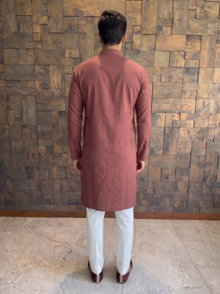 Maroon Textured Cotton Kurta with Metallic Loop Placket