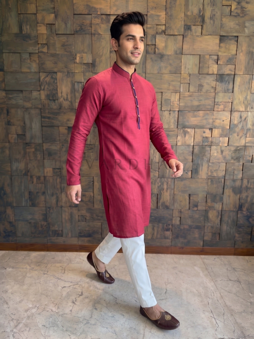 Crimson Red Cotton Kurta with Black Contrast Collar &amp; Placket