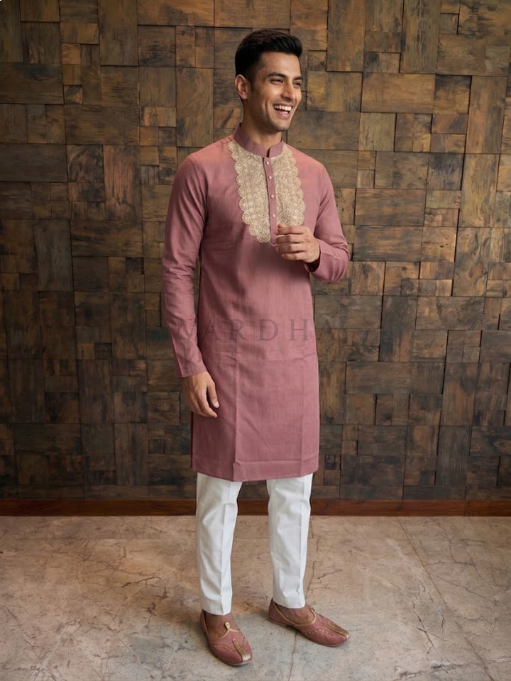 Mauve Pink Cotton Kurta with Heavy Scalloped Gold Zari Yoke