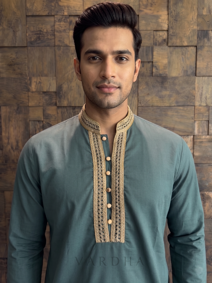 Teal Blue Cotton Kurta with Gold Embroidered V-Neck Placket