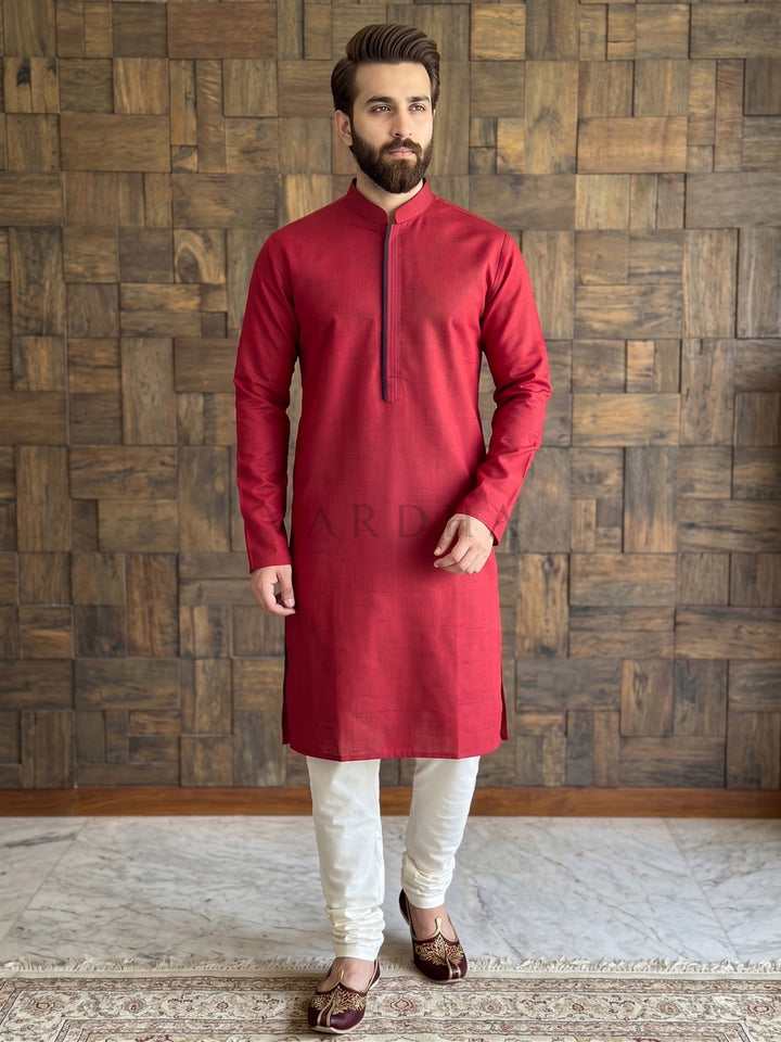 Deep Maroon Textured Cotton Kurta with Contrast Concealed Placket