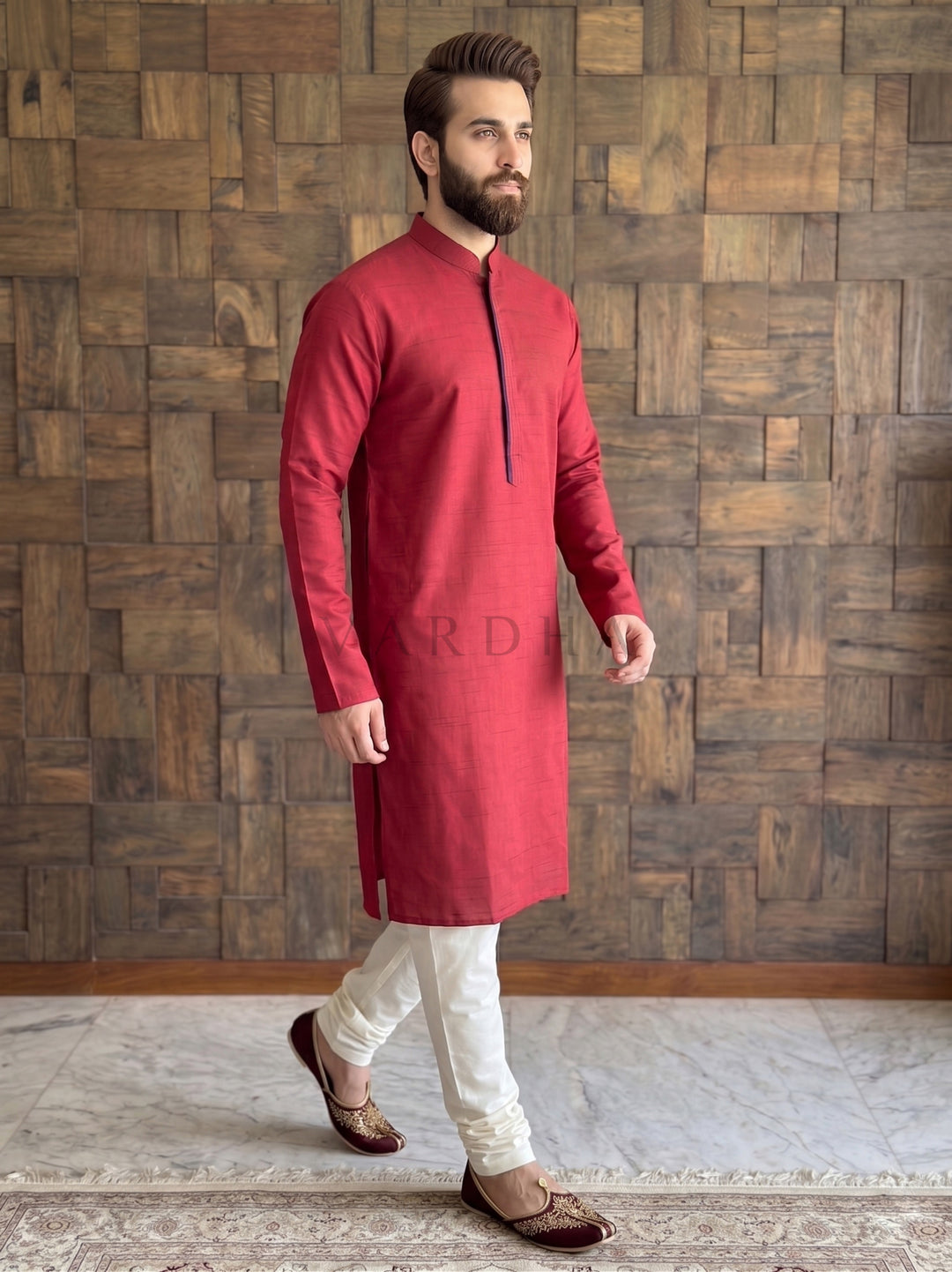 Deep Maroon Textured Cotton Kurta with Contrast Concealed Placket