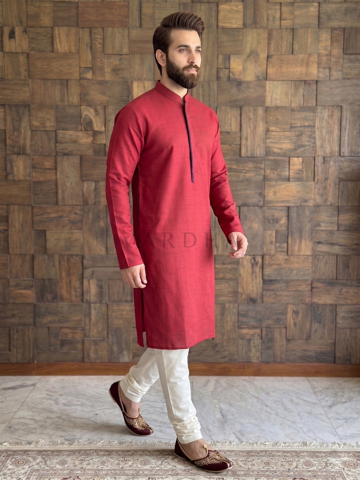 Deep Maroon Textured Cotton Kurta with Contrast Concealed Placket
