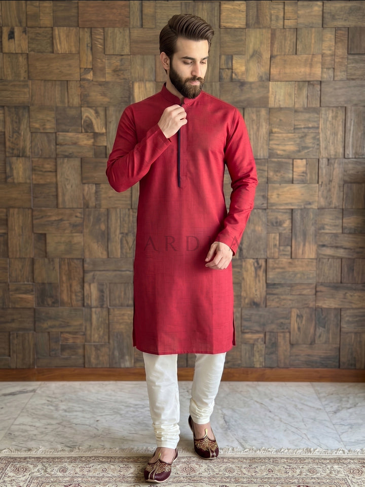 Deep Maroon Textured Cotton Kurta with Contrast Concealed Placket