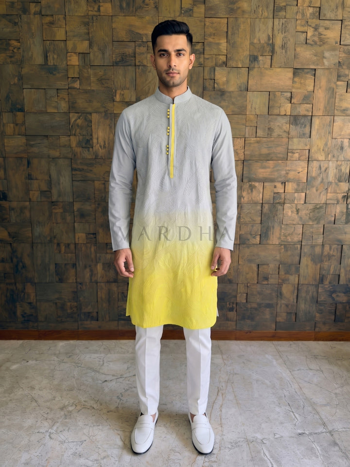 Grey and Yellow Ombre Viscose Kurta with Topographical Swirl Embroidery