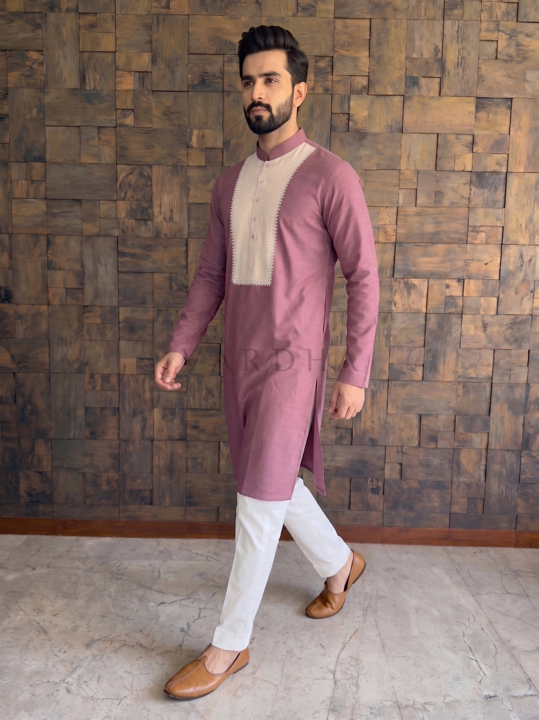 Dusty Rose Pink Cotton Kurta with Lace-Bordered Contrast Yoke