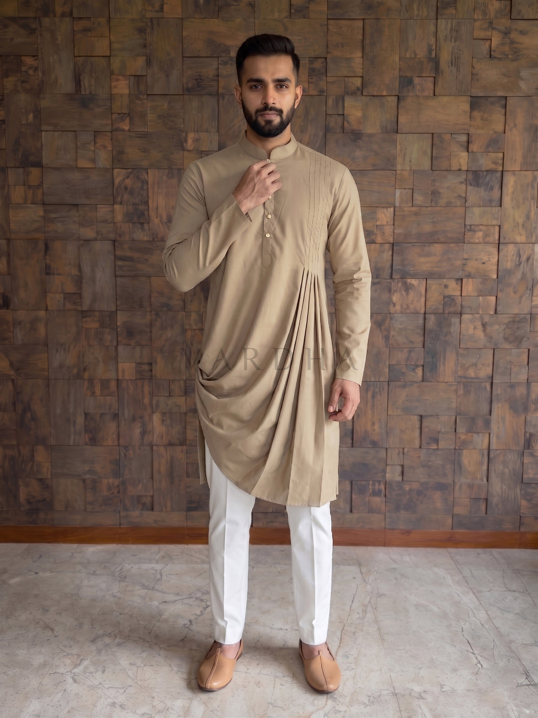 Chiku Beige Cotton Kurta with Asymmetric Cowl Drape &amp; Pintuck Pleats