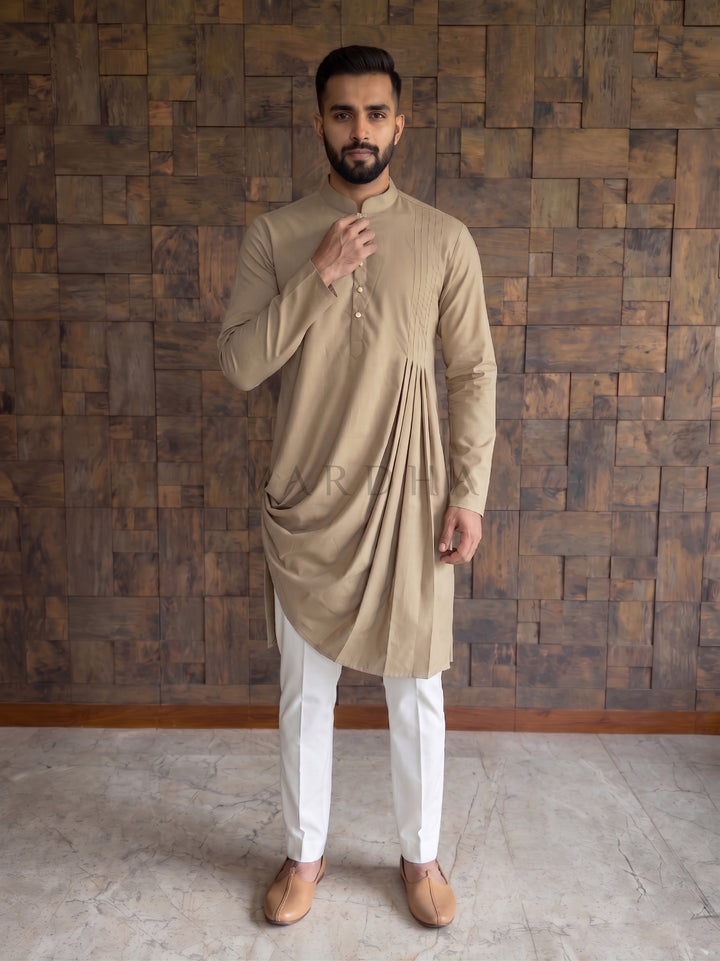 Chiku Beige Cotton Kurta with Asymmetric Cowl Drape &amp; Pintuck Pleats