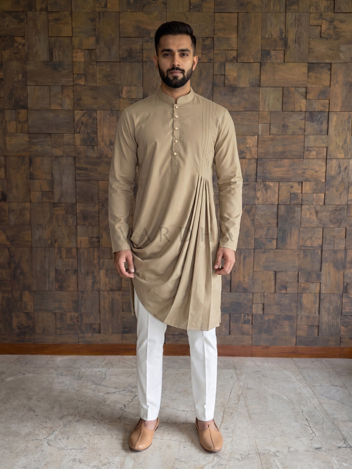 Chiku Beige Cotton Kurta with Asymmetric Cowl Drape &amp; Pintuck Pleats