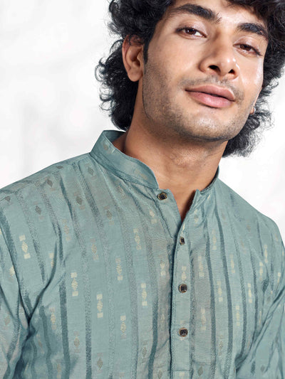 Blue Linear Striped & Diamond Viscose Woven Jacquard Men's Kurta