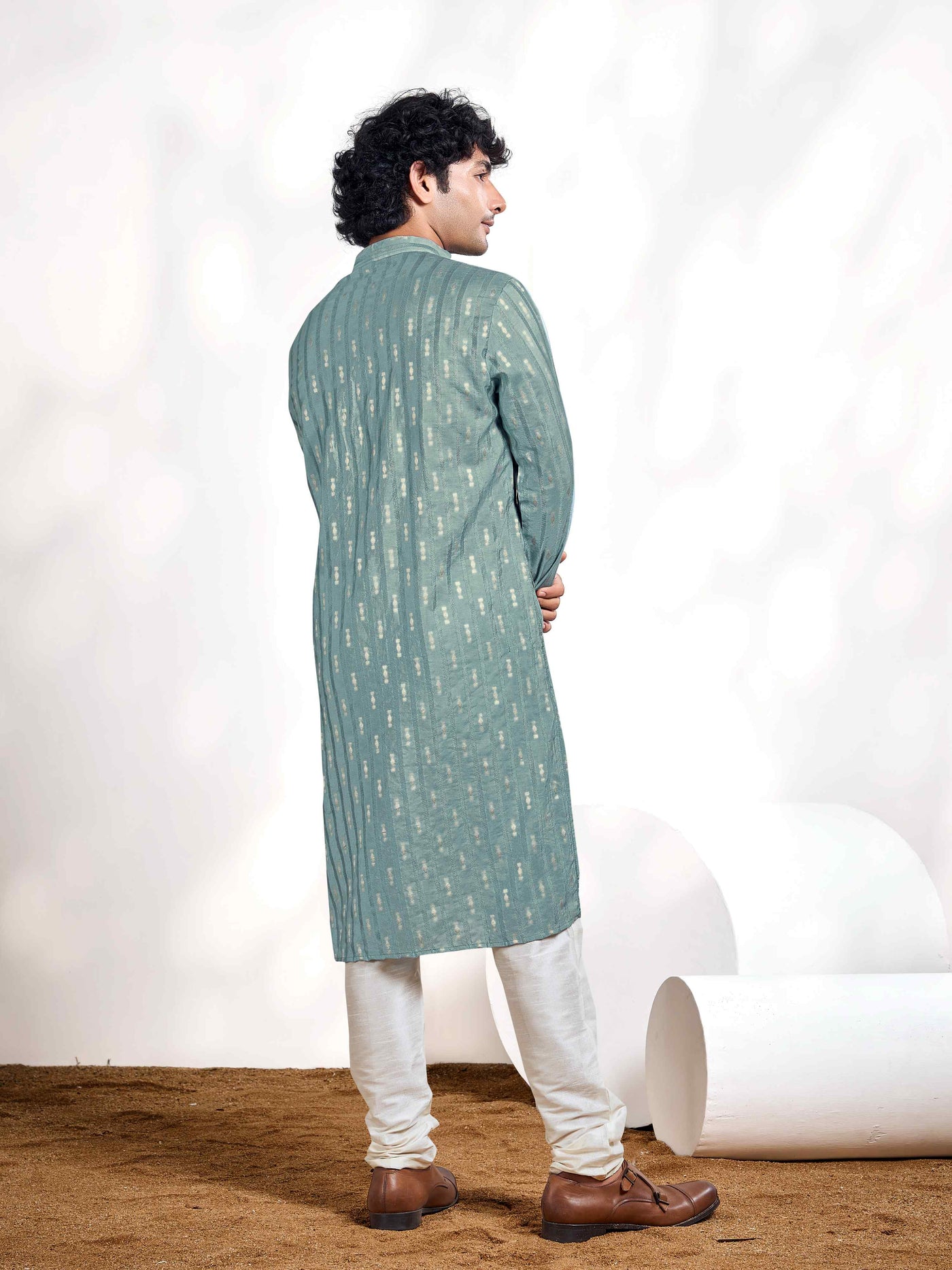 Blue Linear Striped & Diamond Viscose Woven Jacquard Men's Kurta