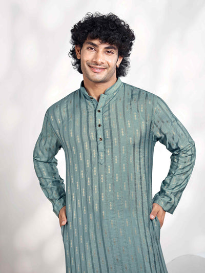 Blue Linear Striped & Diamond Viscose Woven Jacquard Men's Kurta