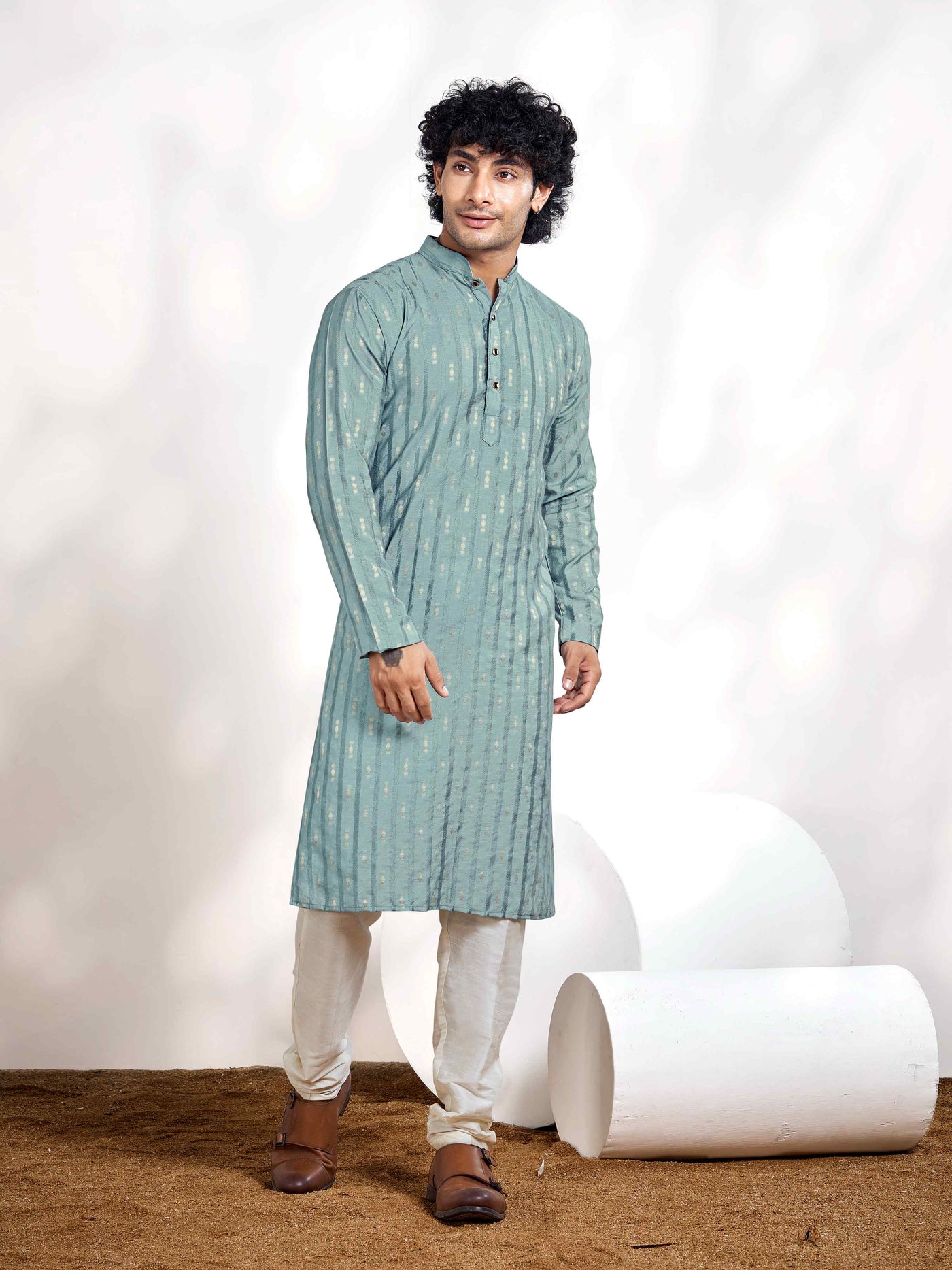 Blue Linear Striped & Diamond Viscose Woven Jacquard Men's Kurta