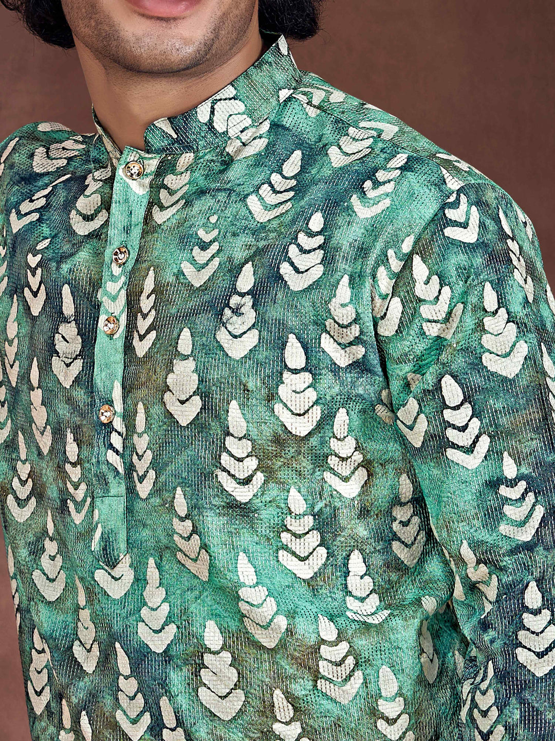 Teal-White Viscose Flowy Leaf Pattern Shibori Dyed Men's Kurta
