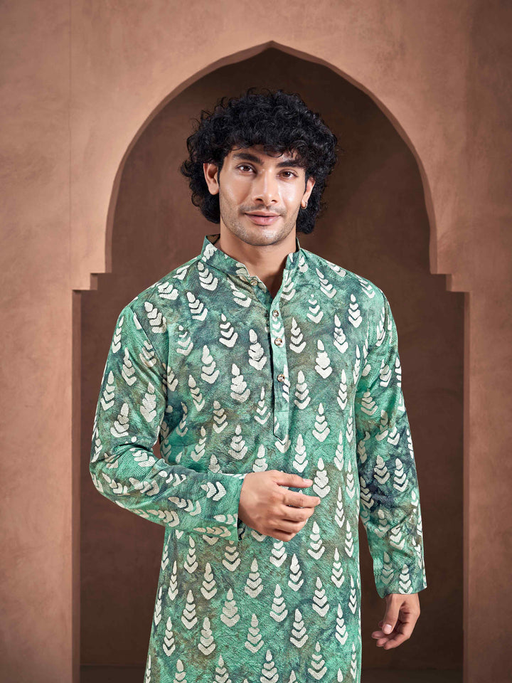 Teal-White Viscose Flowy Leaf Pattern Shibori Dyed Men's Kurta