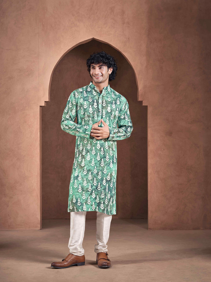 Teal-White Viscose Flowy Leaf Pattern Shibori Dyed Men's Kurta