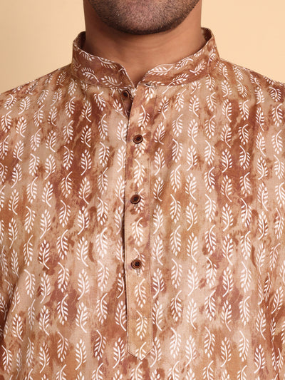 Traditional Coffee Brich Leaf Motif Printed Men's Cotton Kurta