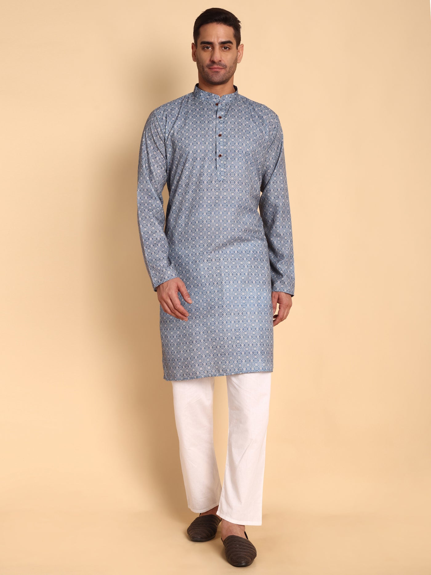 Traditional Blue Arabesque Batik Printed Men's Cotton Kurta