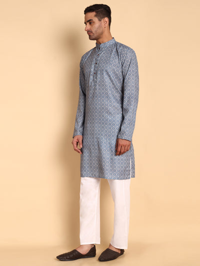 Traditional Blue Arabesque Batik Printed Men's Cotton Kurta